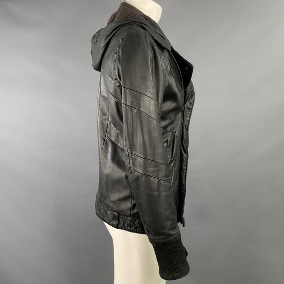 DIESEL BLACK GOLD Vintage Size M Black Leather Zip Up Hooded Jacket - Picture 2 of 16